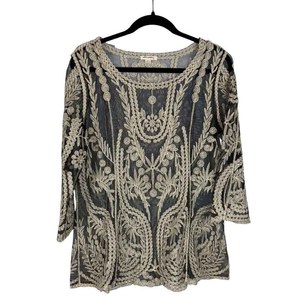 ULTRA PINK Sheer Embroidered Blouse Top Womens Black Silver Metallic Medium
